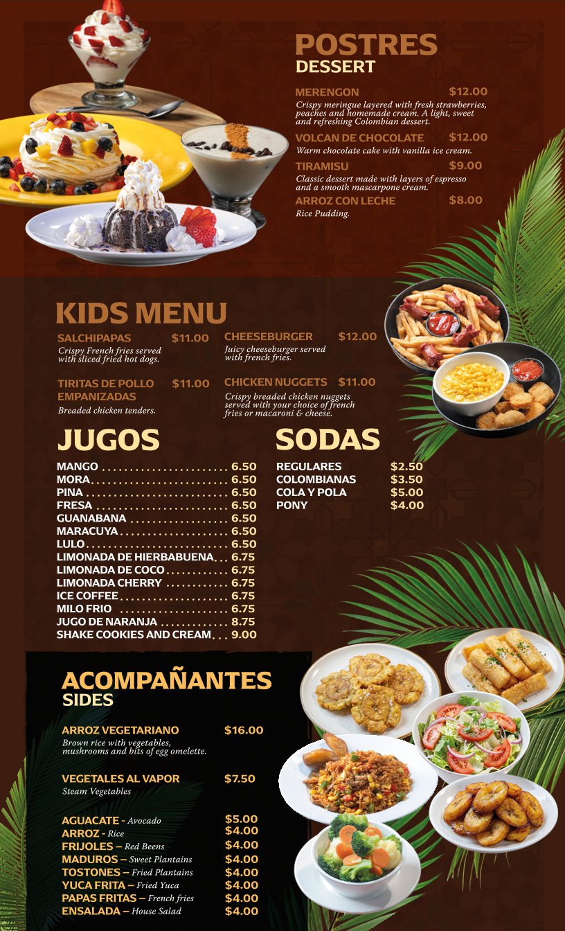 Menu page with Colombian dishes and drinks.