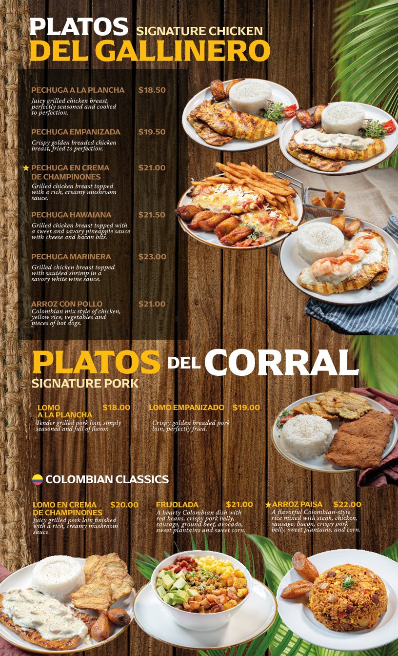 Printed menu showing traditional plates and beverages.