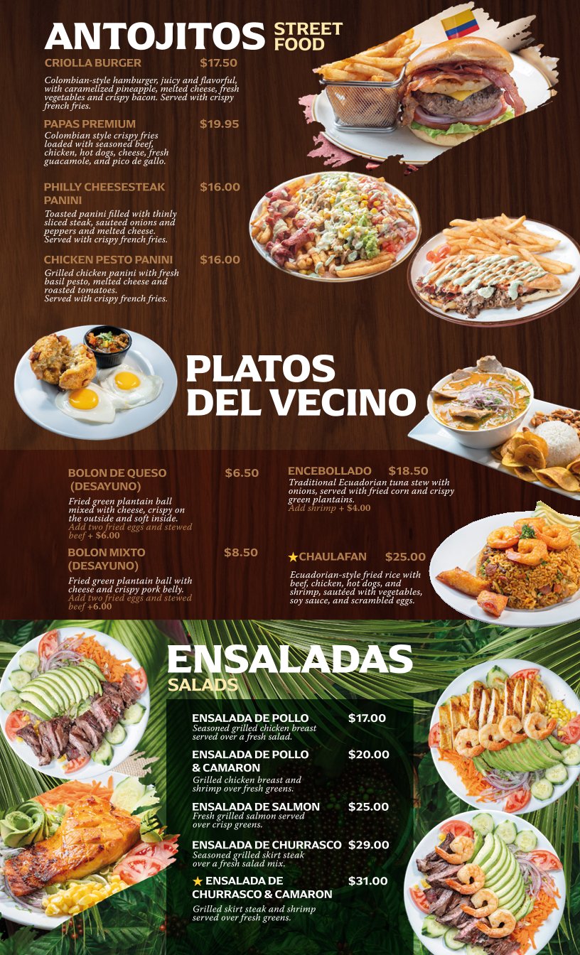Colombian menu with sections for meals and drinks.