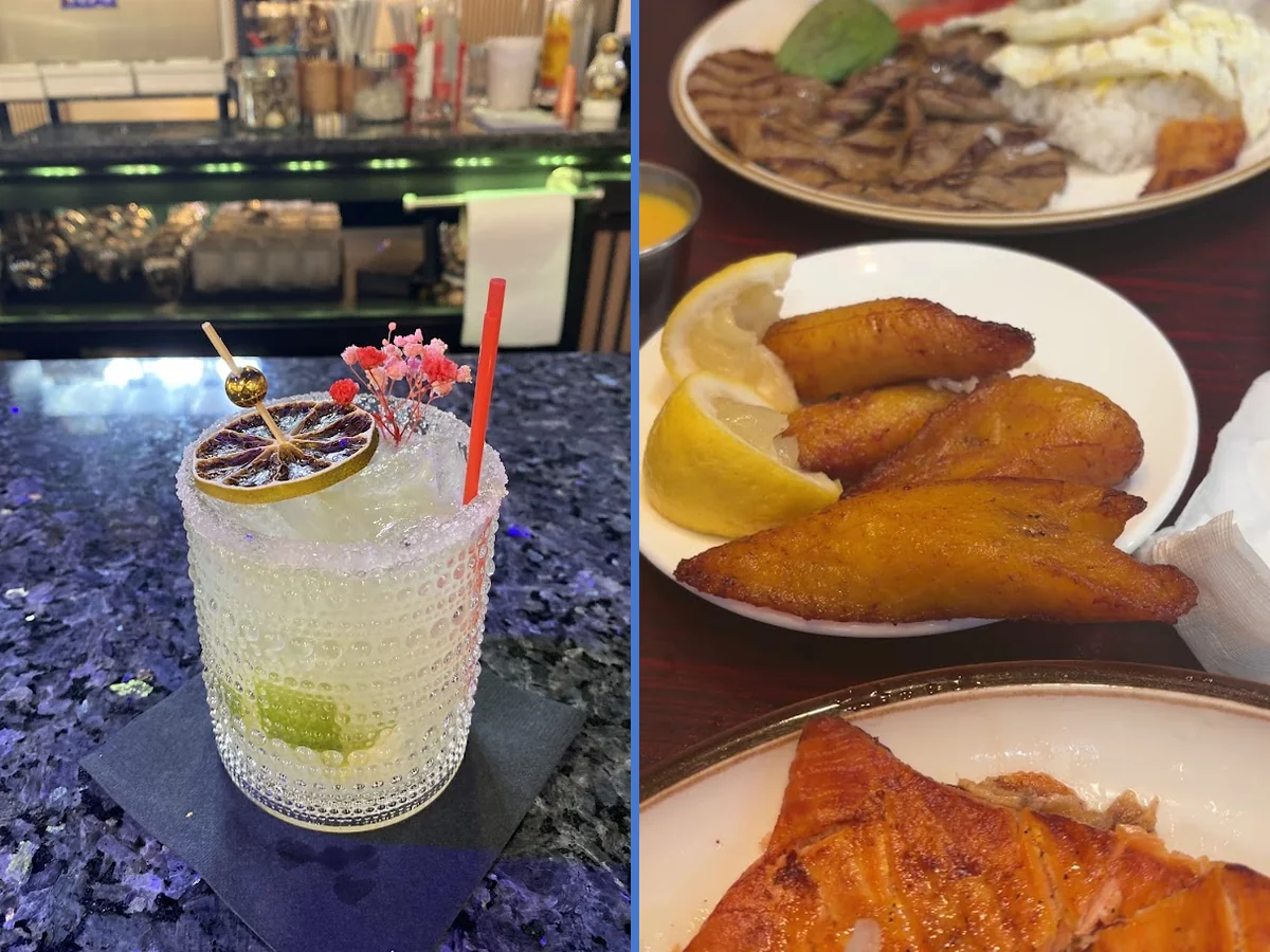 Warm dining room with plated Colombian food.