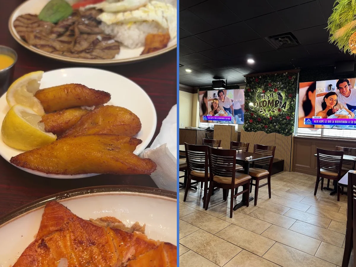 Warm dining room with plated Colombian food.